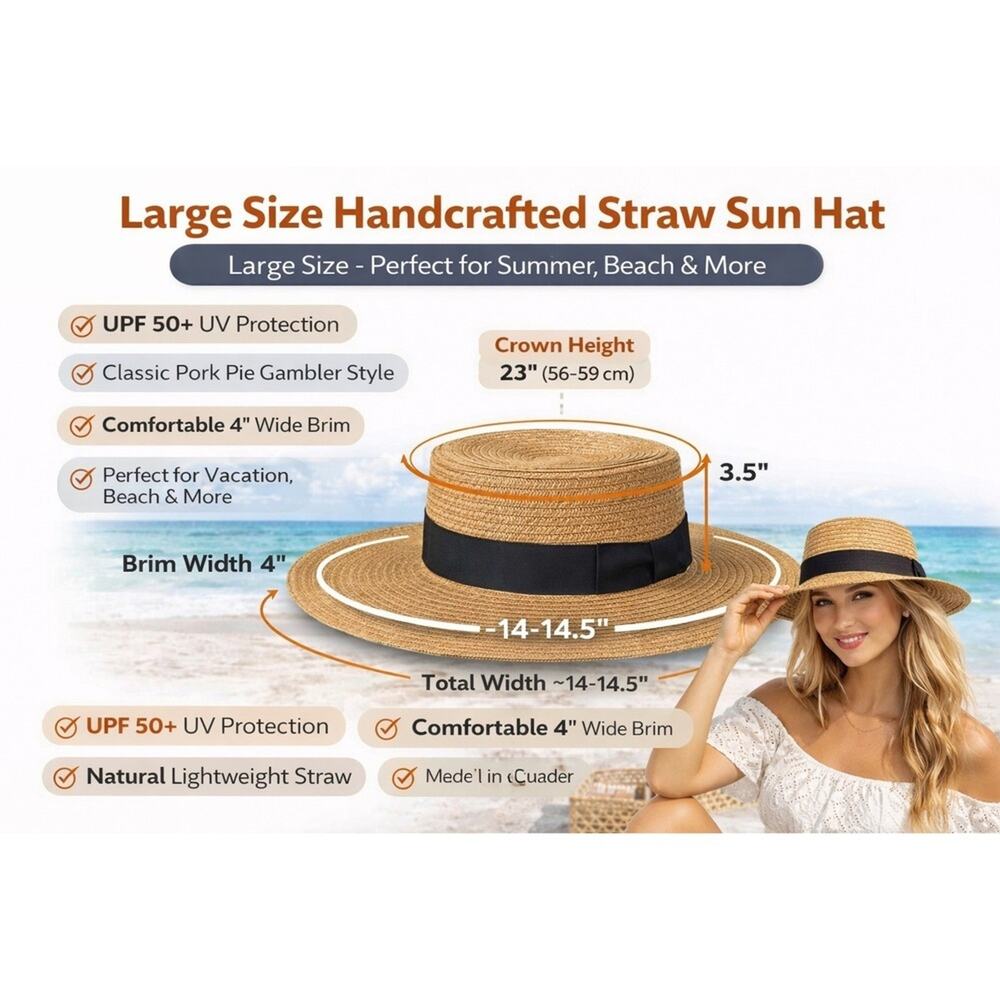 Patina Handcrafted Straw Sun Hat Pork Pie Gambler Wide Brim UPF 50+ Tan Large - Picture 2 of 10